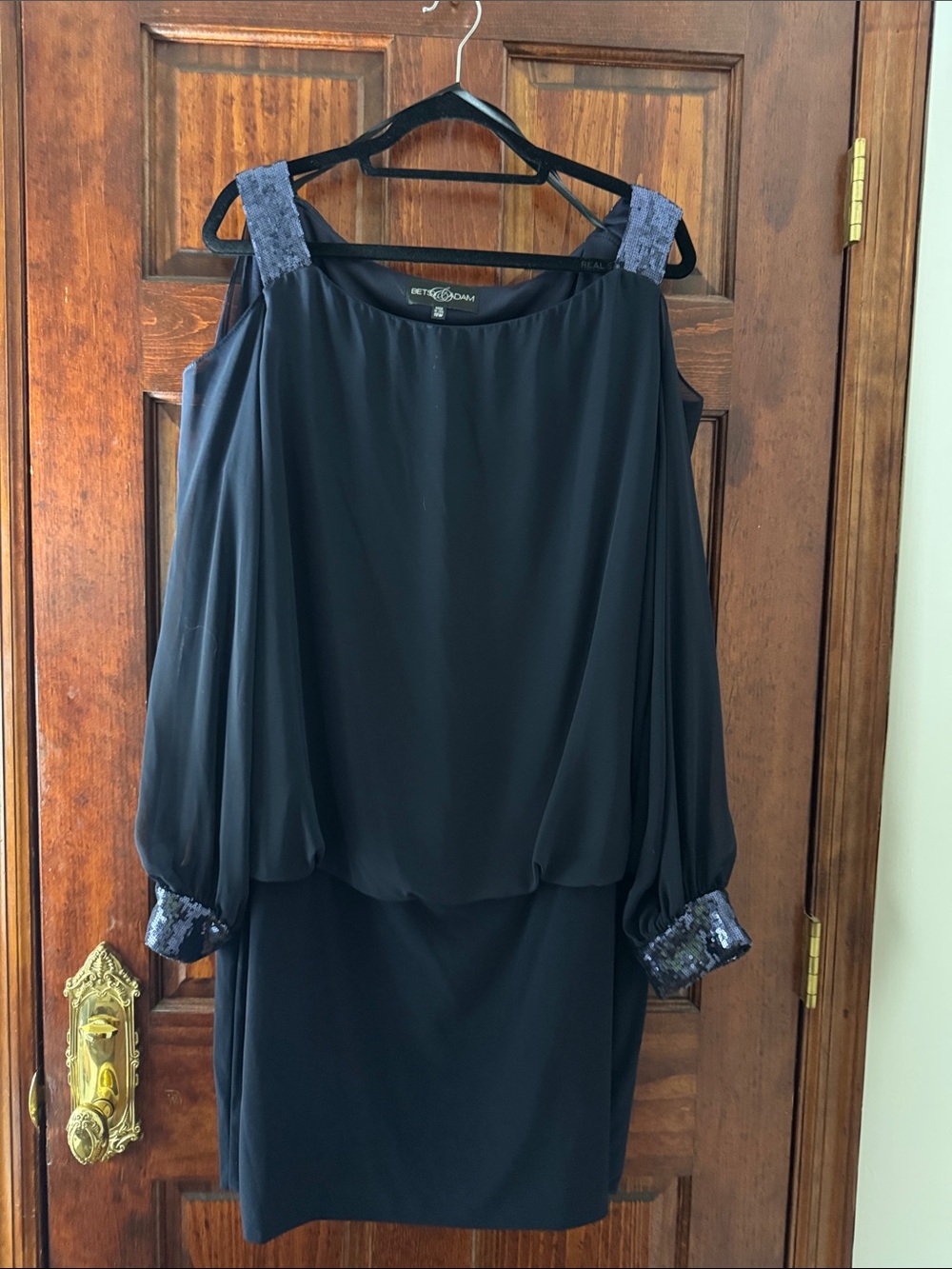 Navy Blouson Dress with Sequin Accents